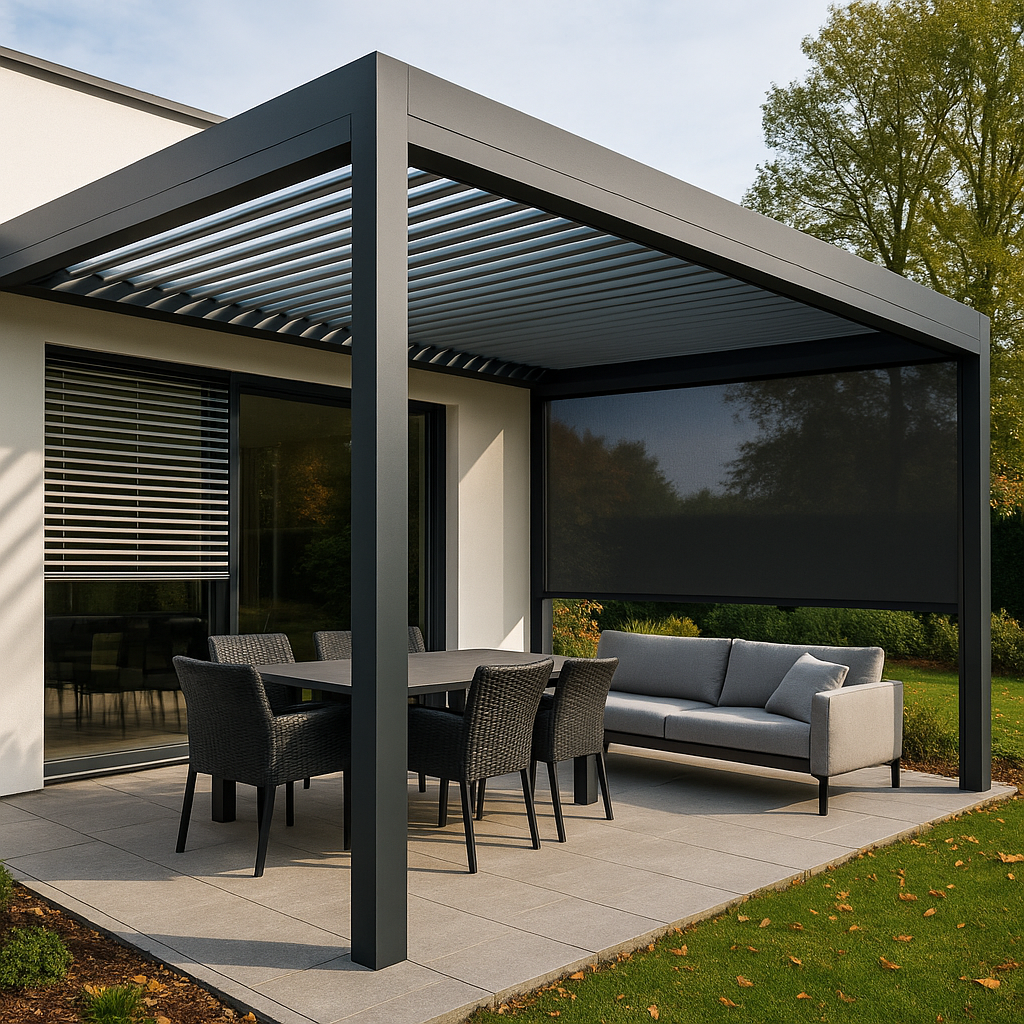 Moderní terasa s hliníkovou pergolou, screenovou roletou a venkovními žaluziemi