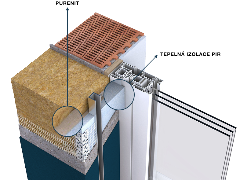 Purenitové izolační ostění s PIR izolací – montáž vodicích lišt venkovních žaluzií