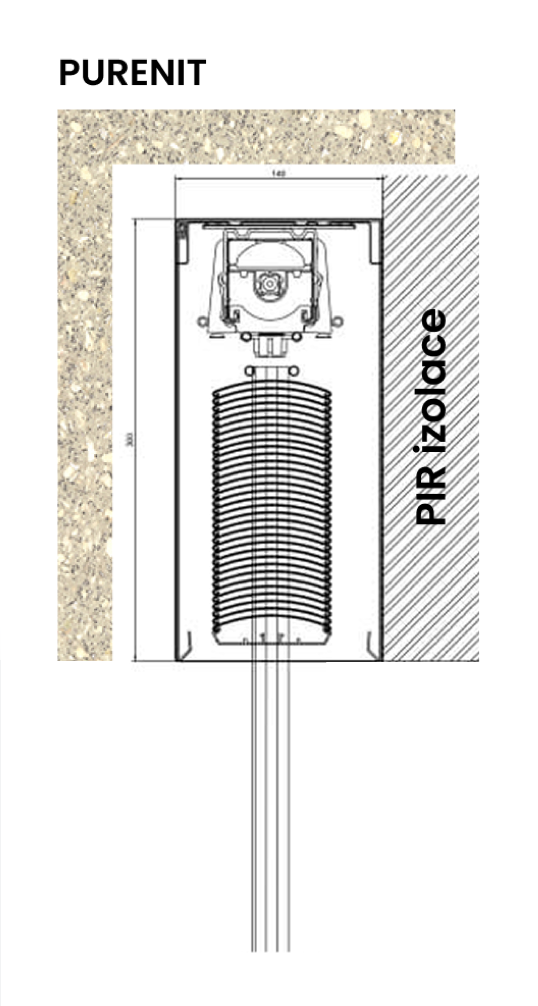Technický řez purenitového boxu s PIR izolací pro montáž stínicí techniky pod fasádu.