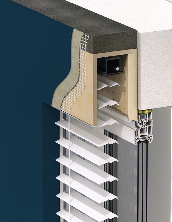 3D řez purenitového boxu integrovaného do fasády s venkovní žaluzií – detail zateplení a osazení.
